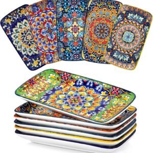 Set of 6 Rectangular Dinner Plates Bohemian Floral Porcelain Microwave Dishwasher Safe Vibrant Colors
