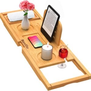 Premium Bamboo Bathtub Tray Expandable Bath Caddy Table Fits Most Tubs Dishwasher Safe