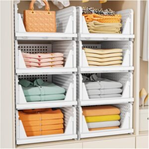 White Stackable Closet Baskets, 5‑Pack Foldable Storage Organizers