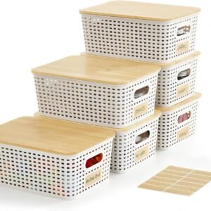 Small Plastic Storage Bins, 6‑Pack Bamboo Lid Organizers