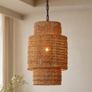 Boho Rattan Pendant Light, 9.44'' Handwoven Hanging Fixture