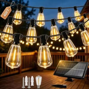 Solar Patio String Lights, 40FT Waterproof LED Outdoor Bulbs