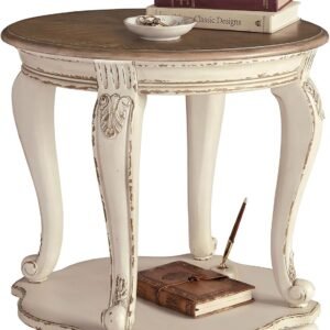 Round Farmhouse End Table, Two‑Tone Wood Cottage Side Stand