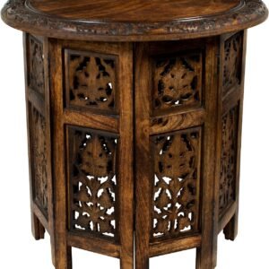 “Hand Carved Folding Side Table, 18'' Round Antique Brown