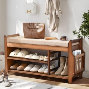 Bamboo Shoe Bench, 2‑Tier Entryway Rack with Cushion