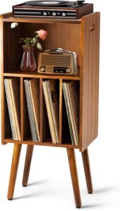 Wood Record Player Stand, 3‑Tier Mid‑Century Storage Cabinet