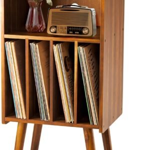 Wood Record Player Stand, 3‑Tier Mid‑Century Storage Cabinet