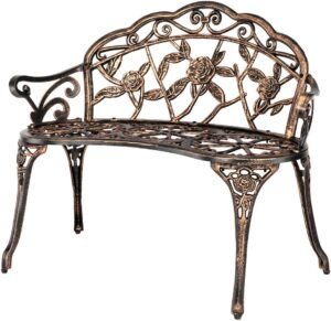 Bronze Rose Garden Bench, 2‑Person Outdoor Cast Metal Seat