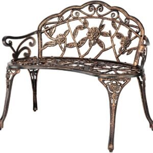 Bronze Rose Garden Bench, 2‑Person Outdoor Cast Metal Seat