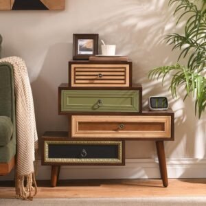Multicolor Rustic Chest, 4‑Drawer Hand‑Carved Accent Cabinet