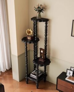 Black Vintage Corner Shelf, 4‑Tier Solid Wood Display Rack