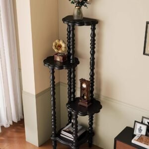 Black Vintage Corner Shelf, 4‑Tier Solid Wood Display Rack