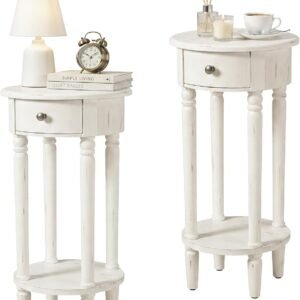 Rustic Round End Tables, 2‑Tier Wooden Nightstand Set