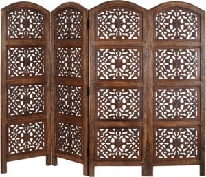 Burnt Brown Wood Room Divider, 4‑Panel Folding Screen
