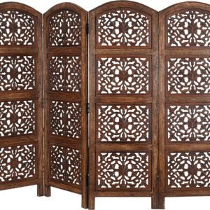 Burnt Brown Wood Room Divider, 4‑Panel Folding Screen