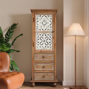 Rustic Farmhouse Tall Storage Cabinet, Hand‑Carved Solid Wood