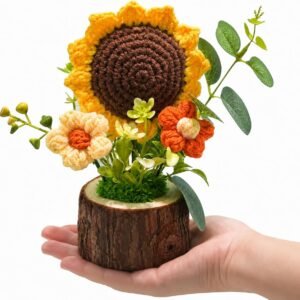 Handmade Crochet Sunflower Bouquet in Mini Pot for Desktop Decor and Gifts