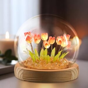 Everlasting Tulip Night Light in Glass Dome for Home Decor and Gifts