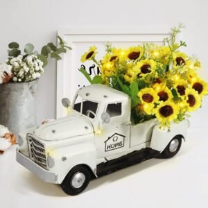 Vintage White Truck with Sunflowers for Rustic Farmhouse Decor