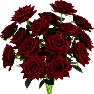 15-Piece Burgundy Artificial Velvet Roses with Long Stems for Decor and Gifts