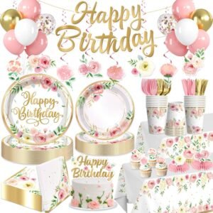 Floral Birthday Party Decoration Set with 12 oz Cups for 20 Guests