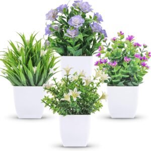 4-Pack Small Artificial Flower Plants in Pots for Home and Bathroom Décor