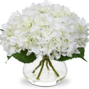 Artificial White Hydrangea Flowers with Glass Vase and Faux Water for Home Décor