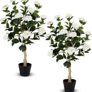 2-Pack 3FT Artificial Camellia Plants with White Flowers for Indoor Outdoor Décor