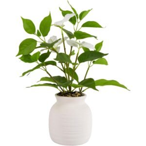 16-Inch Artificial Greenery Plant with White Flowers and Ceramic Pot for Home Office Décor