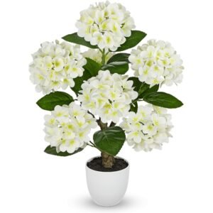 2FT Artificial White Hydrangea Tree with Realistic Flowers, Potted Plant for Indoor Outdoor Décor