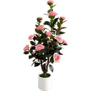 2-Pack 3FT Artificial Camellia Trees with Pink Flowers, White Pots for Indoor Outdoor Décor